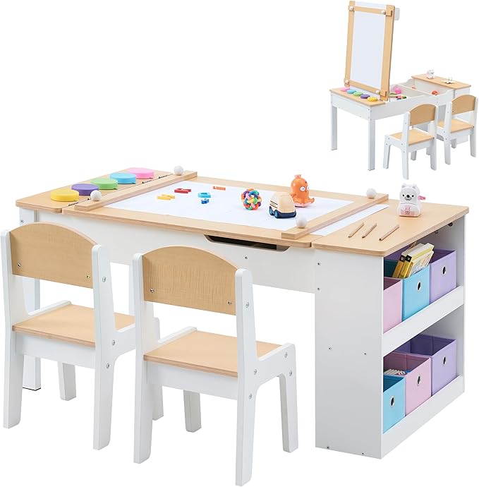 Kids Art Table and Art Easel Table & 2 Chair Set, 2 in 1 Toddler Craft and Play Wood Activity Table with Storage Bins and Paper Roll (Natural & White)