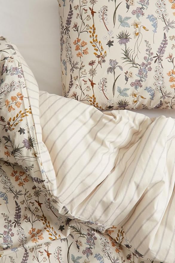 Floral Duvet Cover King 3 Pieces Aesthetic Reversible Striped Bedding Set Farmhouse Botanical Flowers Design Soft Washed Microfibre,1 Beige Duvet Cover with 2 Pillowcases