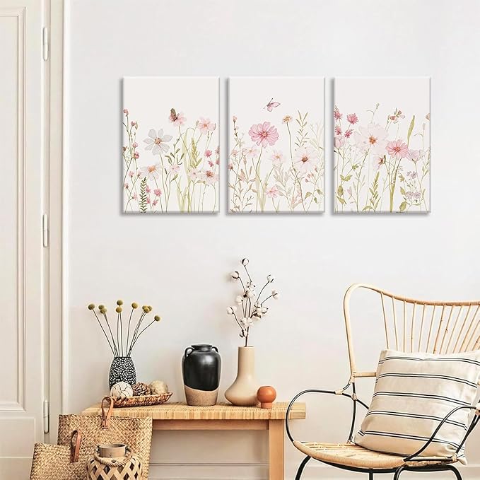 MTFBWY Floral Canvas Wall Art Flower Framed Art Prints Set of 3 Pink Wildflower Printing Botanical Nursery Pictures Wall Decor Artwork for Living Room Bedroom Bathroom 12x16in