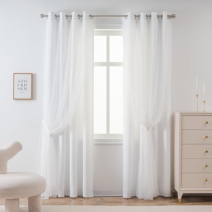 MYSKY HOME White Curtains for Girls Bedroom & Nursery Kids Cute Curtains 72 inch Long Double Layer with Polka Dots Sheer, Grommet Tops, 52" Wide Each Panel, 2 Panels