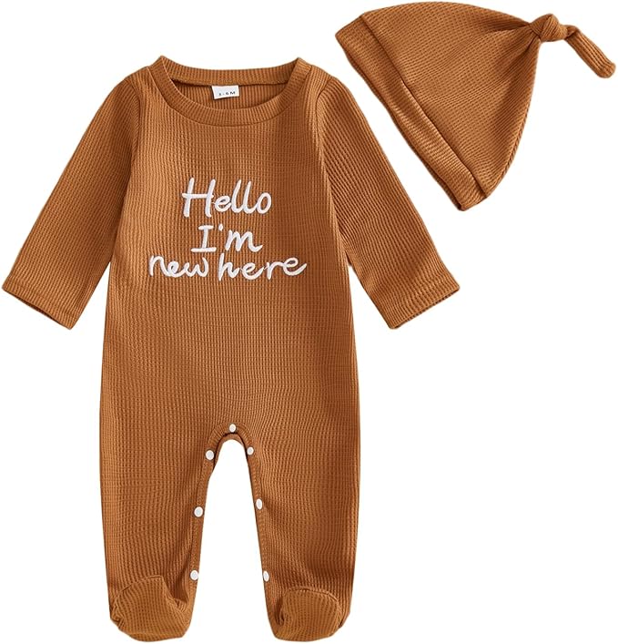 Hello I'm New Here Newborn Outfit Boy Letter Embroidery Waffle Knit Long Sleeve Footed Jumpsuit Coming Home Outfit Hat