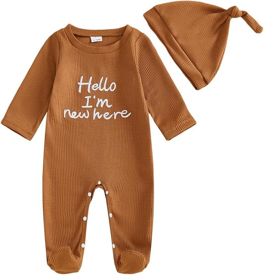 Hello I'm New Here Newborn Outfit Boy Letter Embroidery Waffle Knit Long Sleeve Footed Jumpsuit Coming Home Outfit Hat