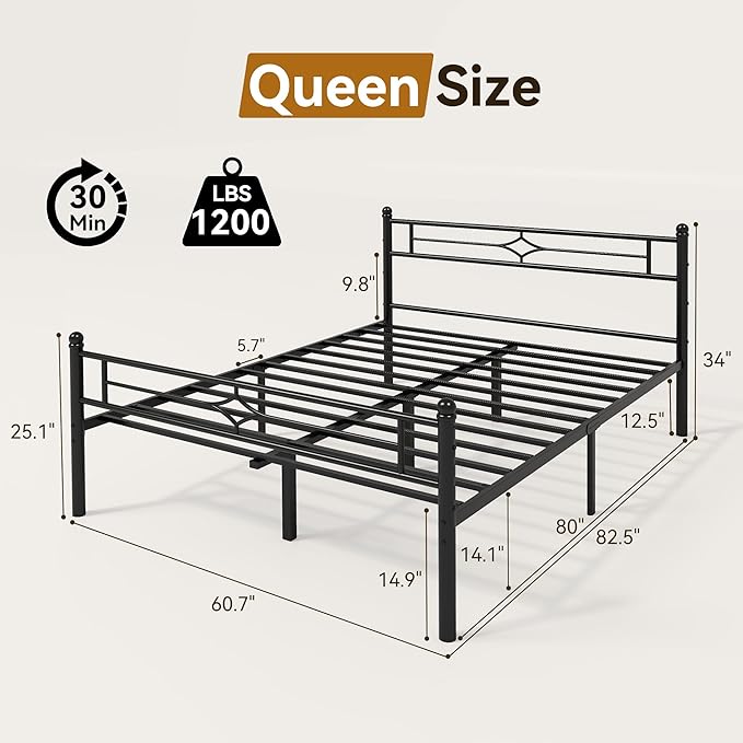 BedsPick Queen Size Metal Bed Frame with Headboard and Footboard, Platform Bed Frame with Premium Steel Slats Support/12.5'' Under Bed Storage Space/No Box Spring Needed/Noise Free/Easy Assembly/Black