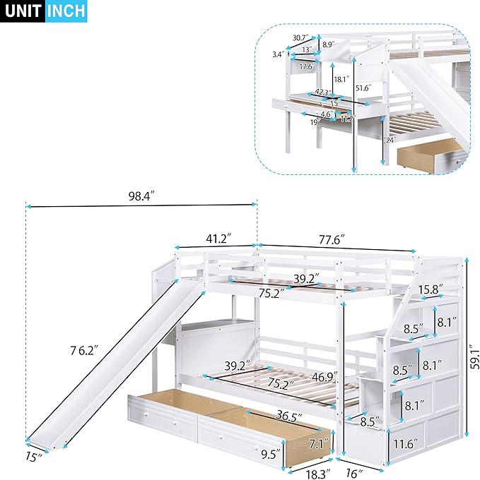 Modern Twin Over Twin Bunk Bed with Storage Staircase and Slide, Wooden Bunk Bed Frame with Desk and Drawers, Multifunctional Bunk Bed for Kids Teens Adult Bedroom