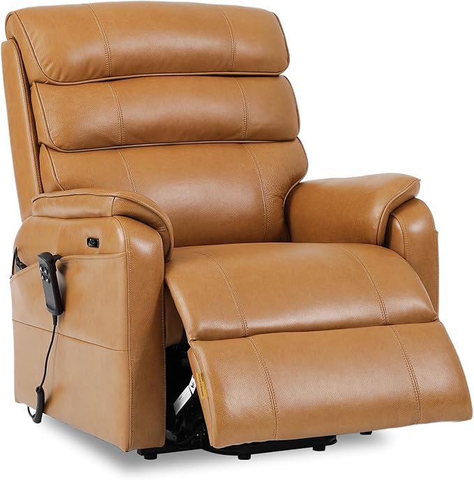 DYNOX 400 LBS Big & Tall Power Lift Recliner Chair for Elderly, Oversized Wide Dual Motor Lay Flat Infinite Positions Recliner with Heat, Massage & USB Charging Port (9298W,Genuine Leather,Camel)