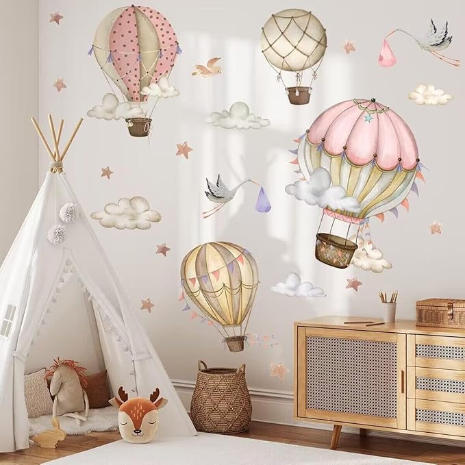 SANDOO Hot Air Balloon Wall Decals Peel and Stick - Neutral Nursery Decals,Stars Clouds Wall Stickers,Watercolor Wall Decal for Nursery Kids Room Playroom Bedroom Classroom Kindergarten Wall Decor