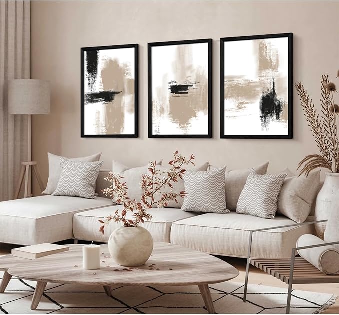 Beige Abstract Wall Art Painting Set of 3 Neutral Canvas Wall Art Prints Black Beige Modern Wall Decor Minimalist Art Pictures Abstract Modern Artwork for Room Bedroom 12x16 Inch Wood Framed