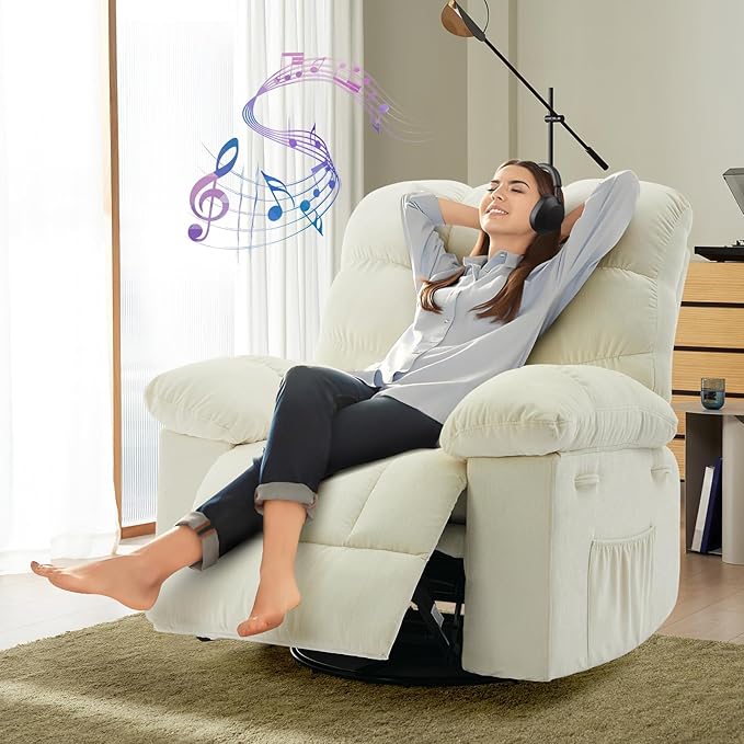 Swivel Recliner Chair, Upholstered Fabric Comfy Rocking Chair, Sturdy Q235 Steel Frame Nursery Glider, 300 LBS Capacity, for Small Spaces, Living Room, Bedroom, Beige