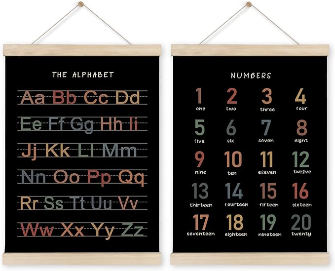 HRQKO Alphabet Numbers Poster Hanger Frame Set of 2, Black Nursery Wall Decor, ABC Poster Wall Art with Wooden Frames, Boho Alphabet Banner Wall Hanging Decor for Toddler Playroom, 12x16 Inch