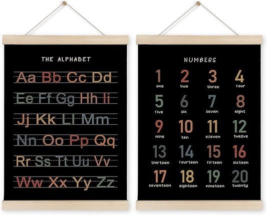 HRQKO Alphabet Numbers Poster Hanger Frame Set of 2, Black Nursery Wall Decor, ABC Poster Wall Art with Wooden Frames, Boho Alphabet Banner Wall Hanging Decor for Toddler Playroom, 12x16 Inch