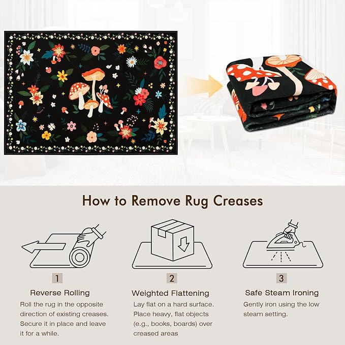 5x7 Machine Washable Area Rug, Non-Slip Vintage Floral Floor Rugs for Kids, Low Pile Room Carpet for Living Room, Bedroom, Dining Room & Nursery(5x7 Black Mushroom)