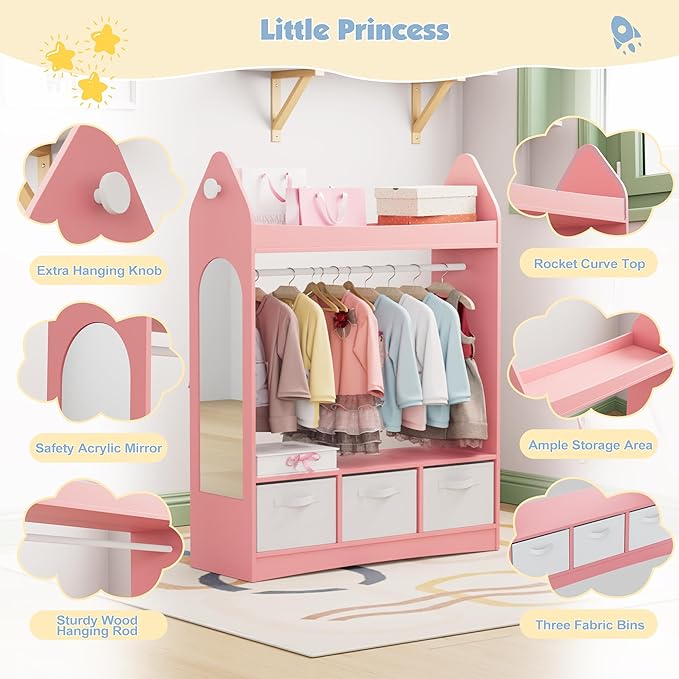 Kids Dress Up Storage Rack Mirror Wood Child Wardrobe 2 Hooks 2 Fabric Bins Toddler Closet Girls Boys Open Hanging Armoire Storage Shelf Coat Costume Hat Shoe (Pink/Rocket/Three Drawers)