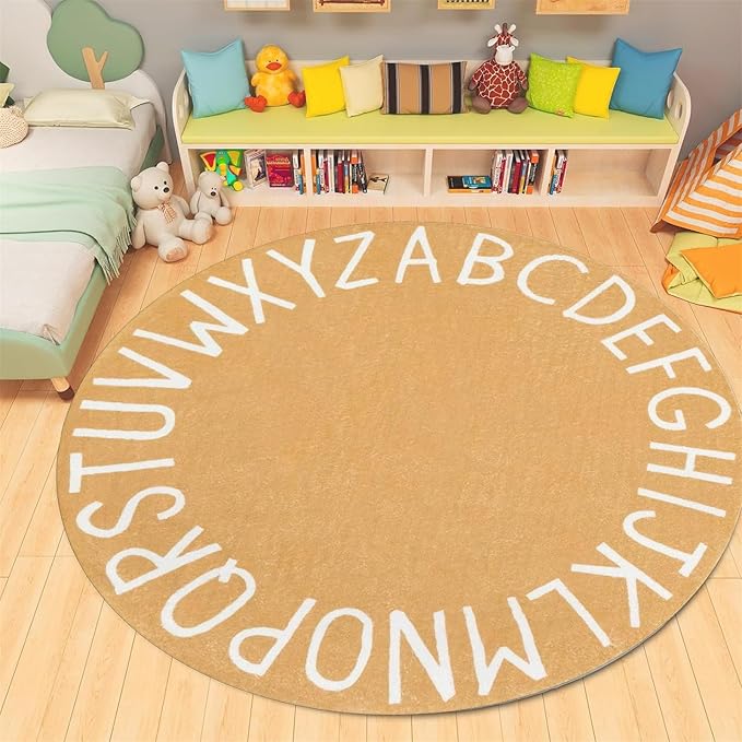 ABC Alphabet Round Rug,8ft Ultra Soft Fluffy Round ABC Rug Washable Non-Slip Baby Crawling Mat for Classroom Nursery Room Kids Room Decor