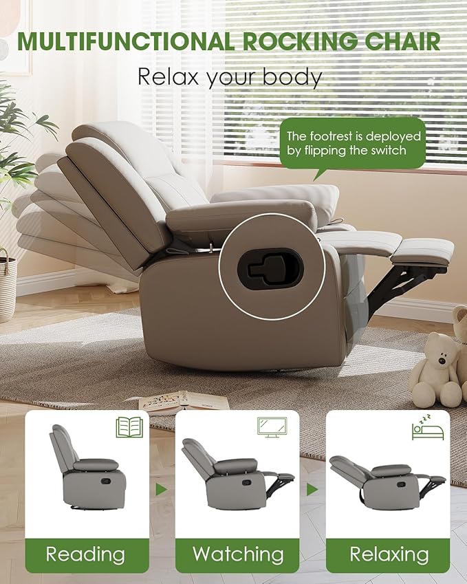 AILEEKISS Rocking Chair Nursery Swivel Recliner Glider Chair with Adjustable Armrests,Headrest Rocker Nursing Chair for Breastfeeding Comfy Upholstered Living Room Reclining Chairs for Bedroom(Grey)
