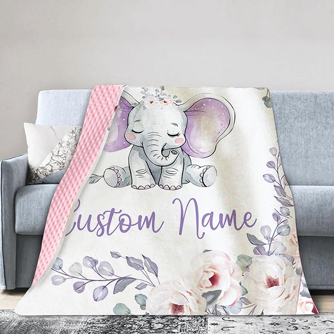 Personalized Baby Blankets for Boys Girls, Custom Name Light Purple Elephant Baby Blanket, Soft Receiving Blanket for Newborns and Toddlers, Ideal for Baby Showers and Nursery Decor