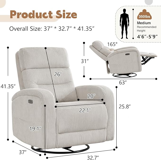 Swivel Glider Recliner for Nursery, Power Rocking Recliner with USB and Type-C Port, Nursery Swivel Recliners for Living Room, Camel Corduroy