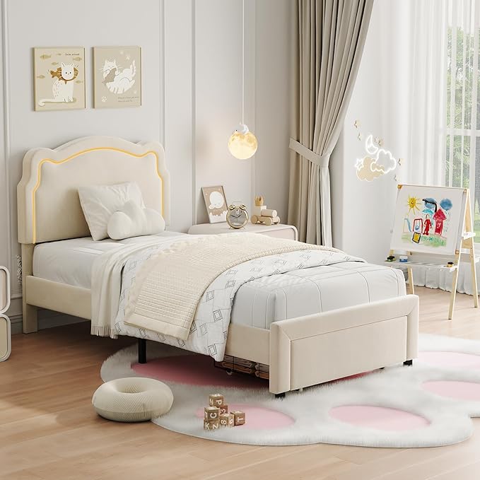 GarveeHome Twin Upholstered Smart LED Bed Frame with Headboard and LED, Velvet Princess Platform Bed Frame, Wooden Slats Support, No Box Spring Needed (Beige with Drawer, Twin)