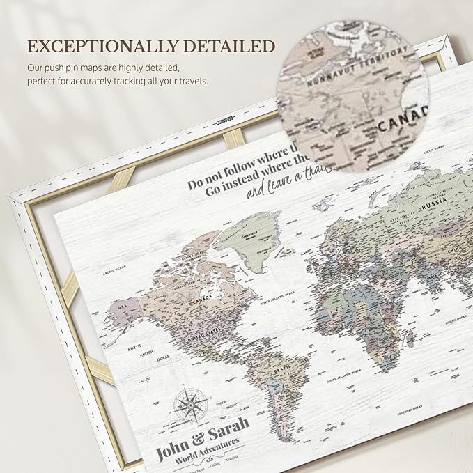 ElephantStock - Personalized Leave A Trail Iii Push Pin World Map Wall Art - Horizontal Canvas Wall Art - Living Room Wall Decor - Digital Art Map Canvas Art - White And Gray Decor - 30" x 20"