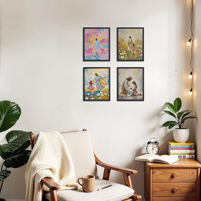 OFJE Christian Jesus with Girl Wall Art Decor Prints Set of 4, Jesus Walking on Water Religious Wall Art Posters Decor for Girls Bedroom Home Living Prayer Room, 8x10 Unframed