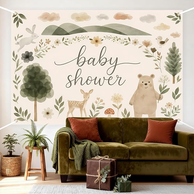 Woodland Baby Shower Backdrop Woodland Creature Baby Shower Decorations Rabbit Deer Bear Forest Animals Nature Party Banner for Jungle Safari Rustic Animals Gender Reveal Photo Props 5 * 3ft