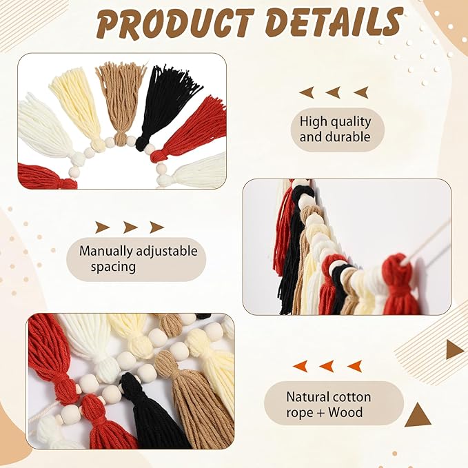 2 Pcs Tassel Garland with Wood Beads, Handmade Cotton Yarn Wall Hanging Banner Boho Tassel Wall Hanging Party Decor for Nursery, Birthday Baby Shower Home Classroom Decoration(Retro)