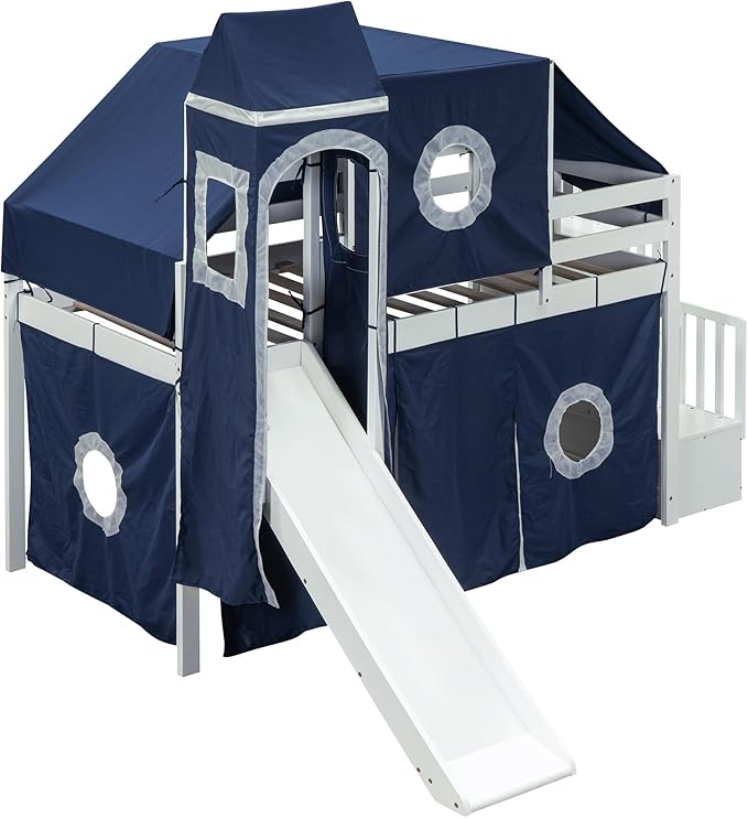 Playhouse Twin Size Low Loft Bed with Slide & Tent and Tower, Solid Wood Tent Bed Frame with Storage Staircase for Kids Teens Boys Girls, Versatile Spacious Under Bed Space with Curtains (Blue-TST)