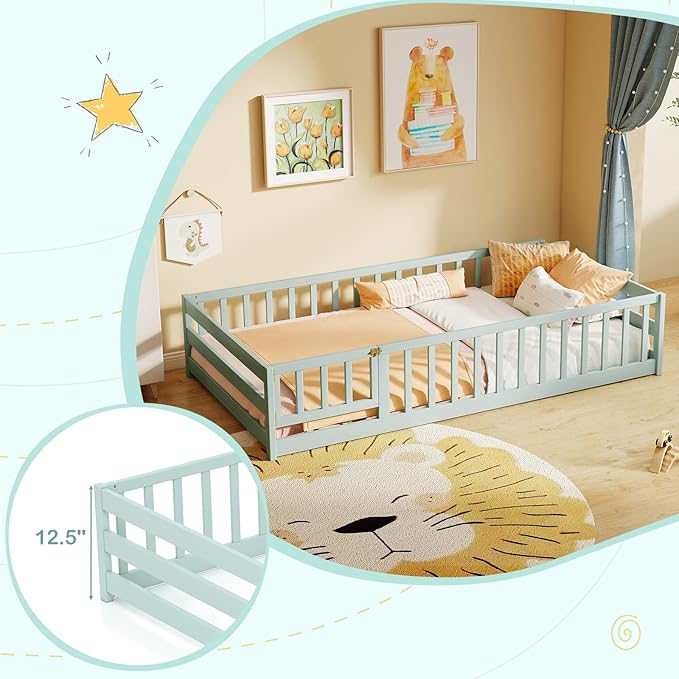 KOMFOTT Twin Size Wood Floor Bed with Door & Fence, Montessori Bed Frame with Full Length Safety Guardrails, Door & Latch, Wooden Montessori Floor Bed for Kids, Girls, Boys (Twin,Light Green)