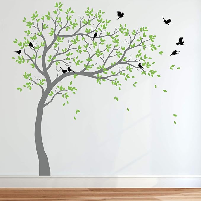 Large Tree Wall Decals Nursery Leaning Tree Stickers with Birds Wall Art Mural Vinyl Decor KW032 (Leaning Right, Grey, Lime-Tree Green, Black)