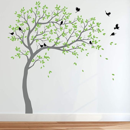 Large Tree Wall Decals Nursery Leaning Tree Stickers with Birds Wall Art Mural Vinyl Decor KW032 (Leaning Right, Grey, Lime-Tree Green, Black)