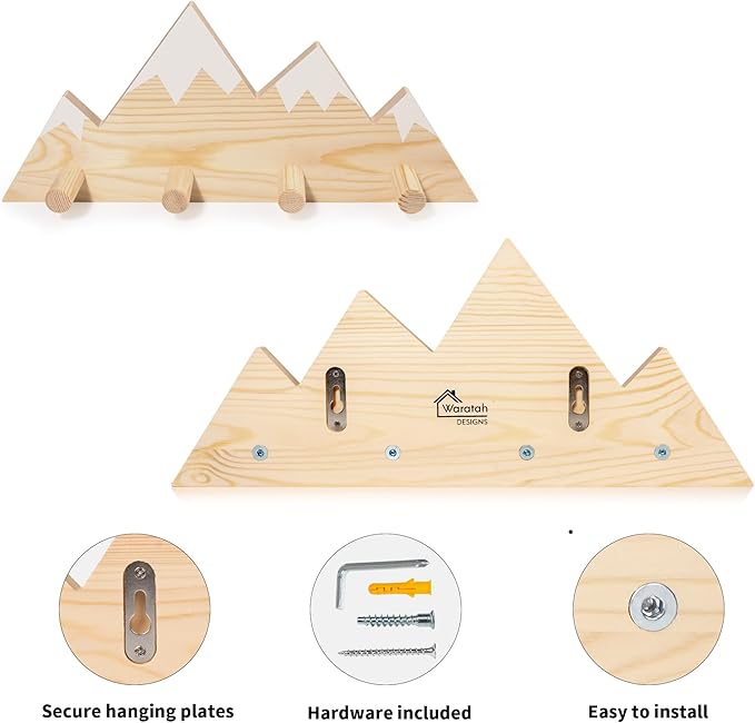 Mountain Wall Hooks - Woodland Nursery Decor - Wall Mount Organizer for Kids Coats & Towels - Ideal Adventure Mountain Decor Baby Shower Gifts - Natural Finish