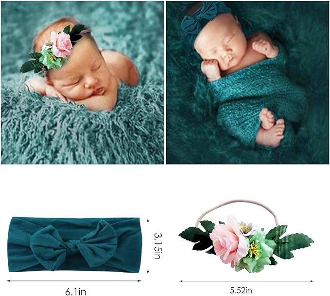 SPOKKI 4 Pcs Newborn Photography Props Outfits- Baby Dark Green Long Ripple Wrap and Toddler Swaddle Blankets Photography Mat with Cute Headbands for Infant Boys Girls(0-12 Months)