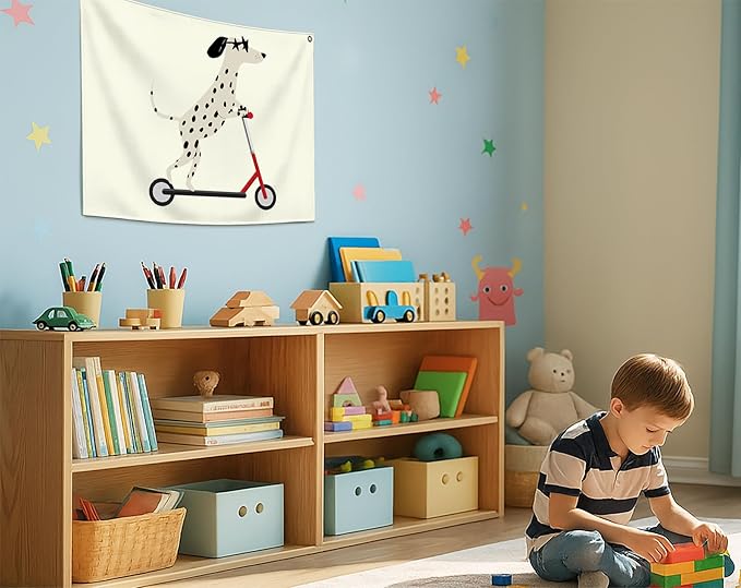 Boy Rectangular Banner Flag Pennant Wall Decor Gift for Baby Boy Kids Teen,Nursery Home Bedroom Playroom Reading Room Front Decor-Dalmatian Scooter-Baby,Shower Birthday Christmas Gift