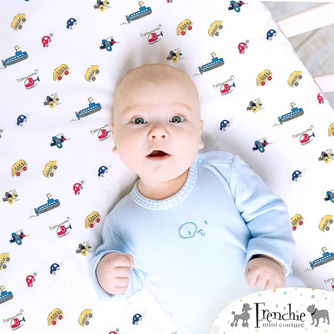 Frenchie Mini Couture, Boys Pack N Play Sheets, 100% Cotton, Cars, Boats, Planes, 27 x 39in, 2-Pack