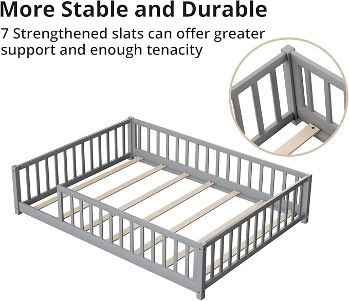 LLS Full Floor Bed for Kids Toddlers, Solid Wood Multifunctional Montessori Bed Frame with Safety Guardrails, Without Door, Easy Assemble, Grey
