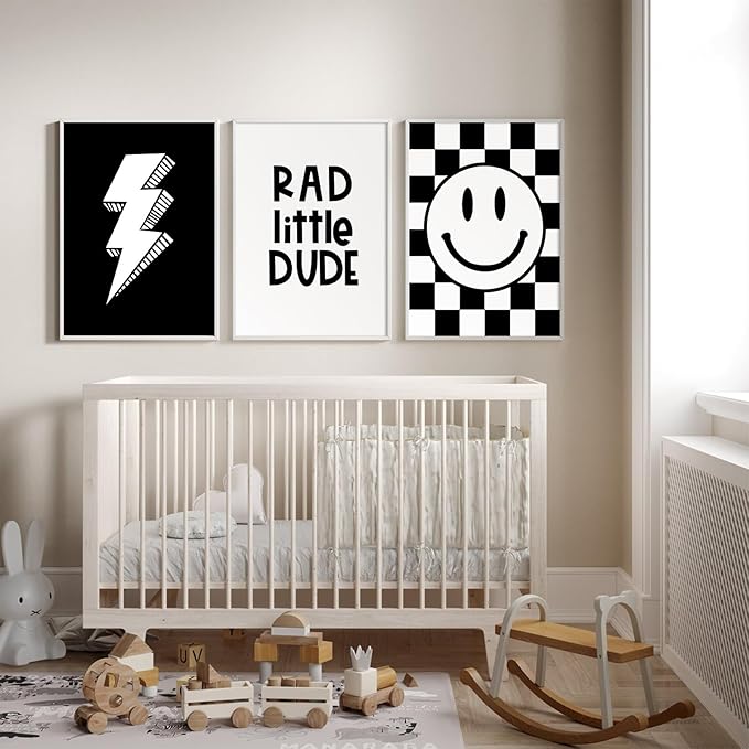 Boys Room Wall Art Decor Set of 3 Toddler Nursery Canvas Wall Art Baby Kids Wall Decor Black Checkered Smiley Poster Pictures Retro Playroom Rad Little Dud Art Prints for Bedroom 16x24 Inch Unframed