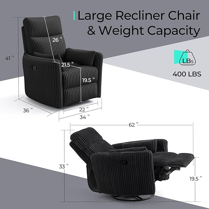 LINSY HOME 360 Swivel Nursery Rocking Chair with 2 Pillows, Corduroy High Back Adult Recliner for Small Spaces, Nursery Glider Rocker Chair, Bedroom Living Room Reclining Chairs (Black)
