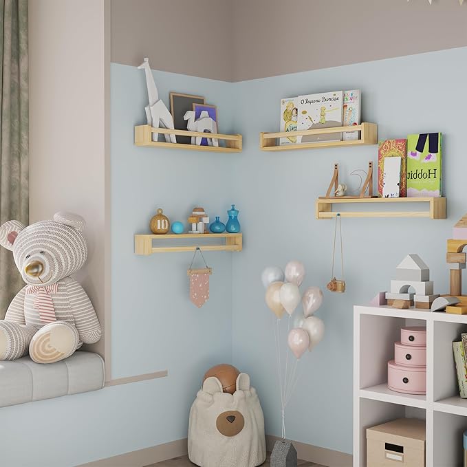 Heimlove Nursery Floating Shelves, Solid Wood Book Shelves for Wall, 24 Inch Bookshelf for Kids, Wall Mounted Shelves for Books,Toys and Decor Storage, Set of 2 (Natural)