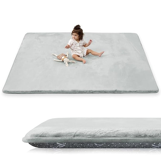 1.5" Super Thick Baby Play Mat for Floor, 79x118 Pro Soft Flannel Foam Mats for Toddler Infant Kids Crawling for Nursery Rug Playroom Living Room Waterproof Easy Care Non-Slip (Light Grey)
