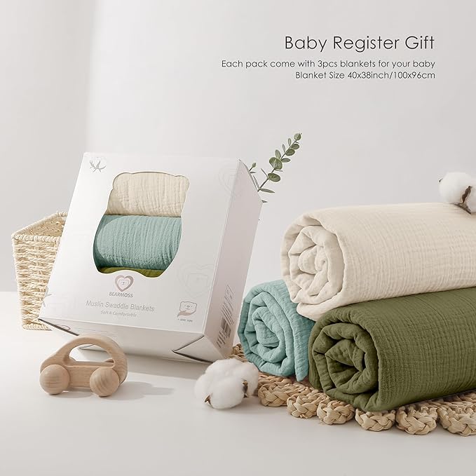 Bearmoss Muslin Swaddle Blankets, 40 x 38 inches Baby Swaddle for Boys and Girls, Soft Baby Blanket, 3 Pack Breathable Nursery Receiving Blankets (Grey Green)