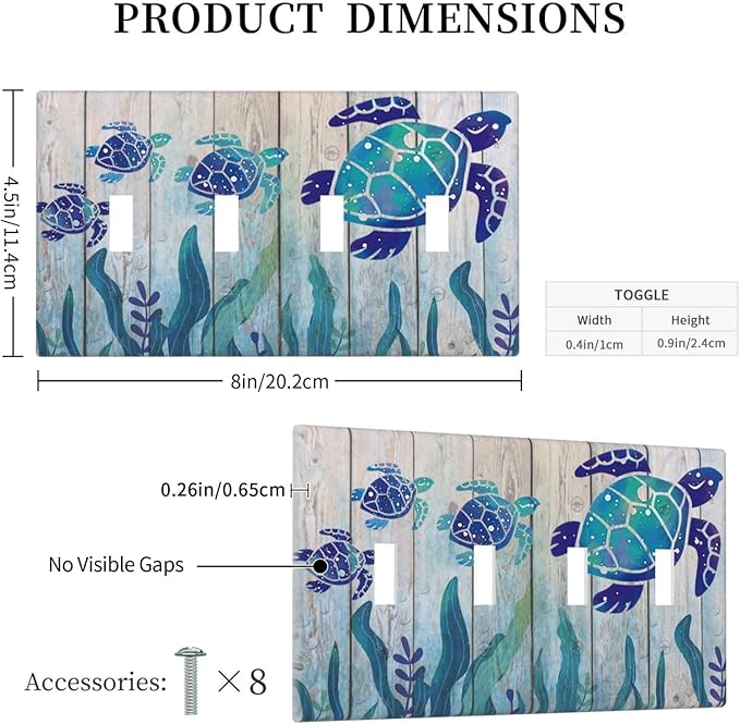 Sea Turtle Grass Seaweed on Rustic Wooden Board Quad Toggle Wall Plate Covers Decorative 4-Gang Wall Plates Ocean Grass Seaweed Electrical Switchplate for Bathroom Bedroom Kitchen Decor 4.5 X 8 In