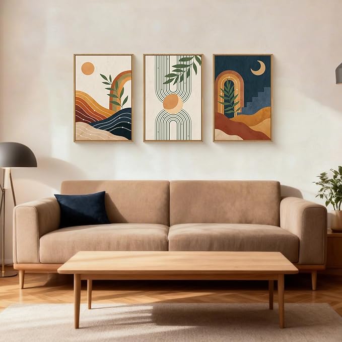 FWIEXA Vintage Boho Nature Framed Canvas Wall Art Set of 3, Minimalist Geometric Sun Moon Line Wall Prints, Abstract Green Leaf Painting, 24x36In Modern Beige Navy Blue Artwork for Living Room,Bedroom