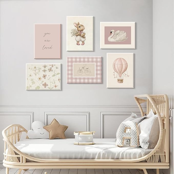 Pink Nursery Wall Art Baby Girl Canvas Wall Decor Vintage Poster Bunny Flower Wall Art Antique Preppy Pictures Animal Floral Prints Kids Swans Painting for Girls Room Bedroom 8x10x6 Inch Framed