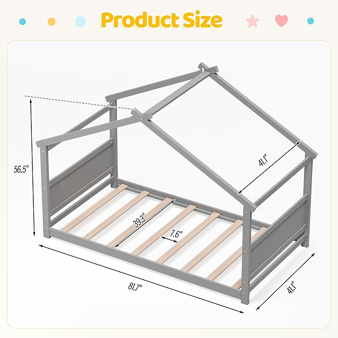 Twin House Bed, Montessori Floor Bed with Headboard & Footboard, Solid Wood Bed Frame for Toddlers Teens Bedroom, No Box Spring Needed, Grey
