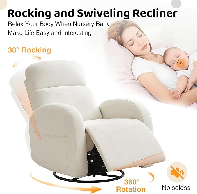Swivel Recliner Rocker Nursery, Chenille Nursering Glider Recliner, Manual Swivel Rocking Reclining with Double Pockets for Living Room, Cream White
