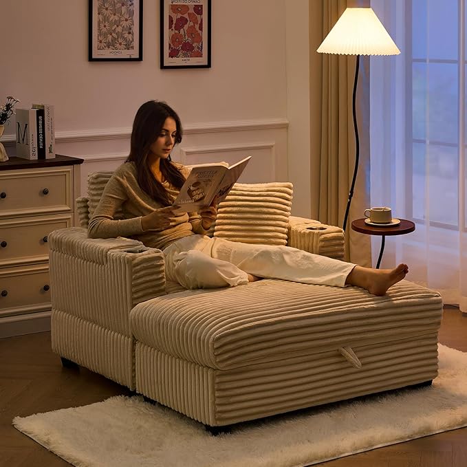 ONBRILL Corduroy Oversized Chair with Ottoman, 44" Wide Armchair with Cup Holders & USB Port, Reading Chair w/Storage Armrest, Easy Assembly, Comfy Single Sofa Bed for Living Room, Apartment, Beige