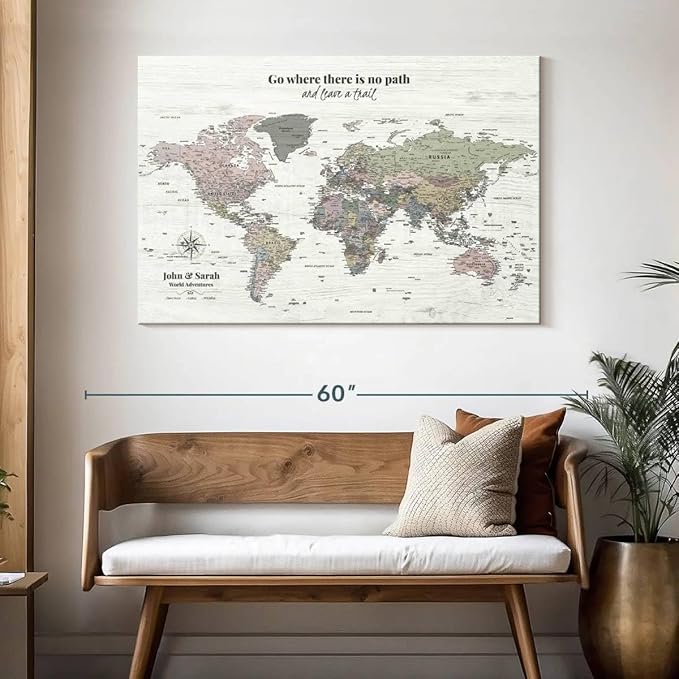 ElephantStock - Personalized Leave A Trail Iii Push Pin World Map Wall Art - Horizontal Canvas Wall Art - Living Room Wall Decor - Digital Art Map Canvas Art - White And Gray Decor - 48" x 32"