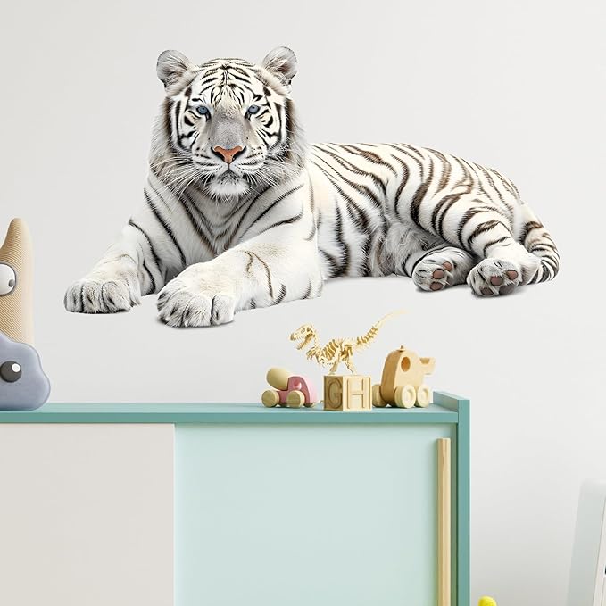 Lifelike Lying White Tiger Wall Decal Nursery Animal Wall Sticker Removable Peel and Stick Wall Art Decor for Kid Baby Classroom Preschool Living Room Playroom Bedroom School
