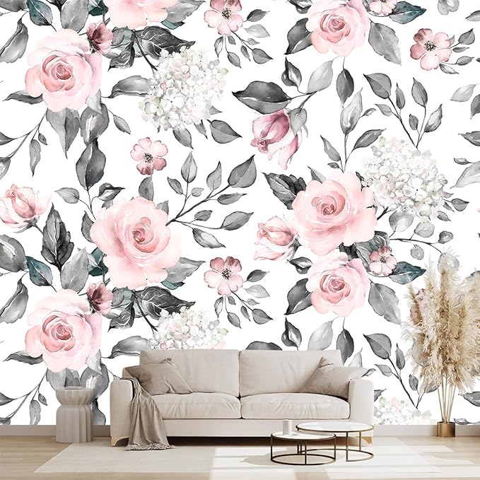 Grey Leaf Pink Flowers Mural Bedroom Floral Wallpaper Room Decor Living Room tv Background Large Wall Mural - 137"x96" (Not Peel and Stick)