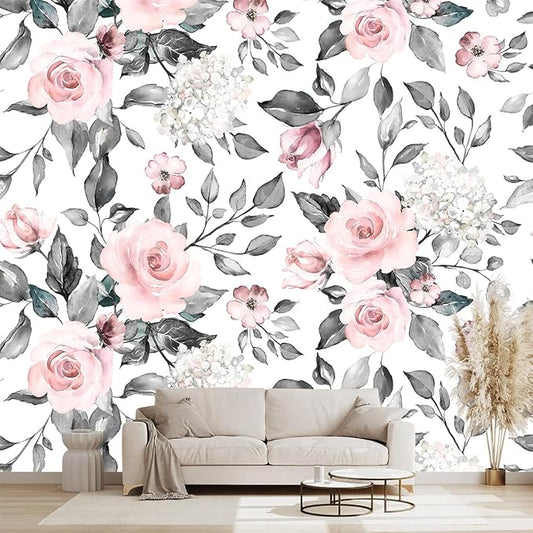 Grey Leaf Pink Flowers Mural Bedroom Floral Wallpaper Room Decor Living Room tv Background Large Wall Mural - 137"x96" (Not Peel and Stick)