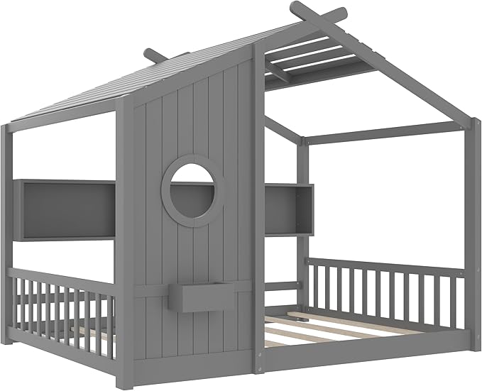 Full Size Floor House Bed with Roof and Window for Kids, Wooden Playhouse Bed with Storage Shelves for Bedroom Furniture Girls & Boys (Gray/L1, Full)